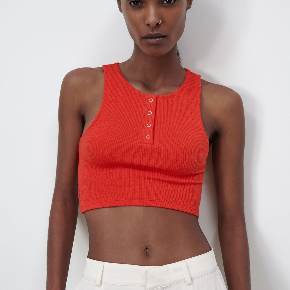 Red Zara Cropped Top Snap Neckline size S - M